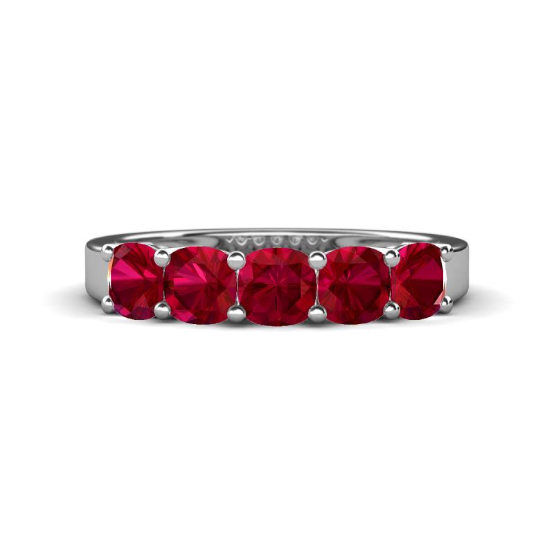 Wendy 2.20 ctw (4.00 mm) Cushion Shape Created Ruby Side Gallery 5 Stone Wedding Band 