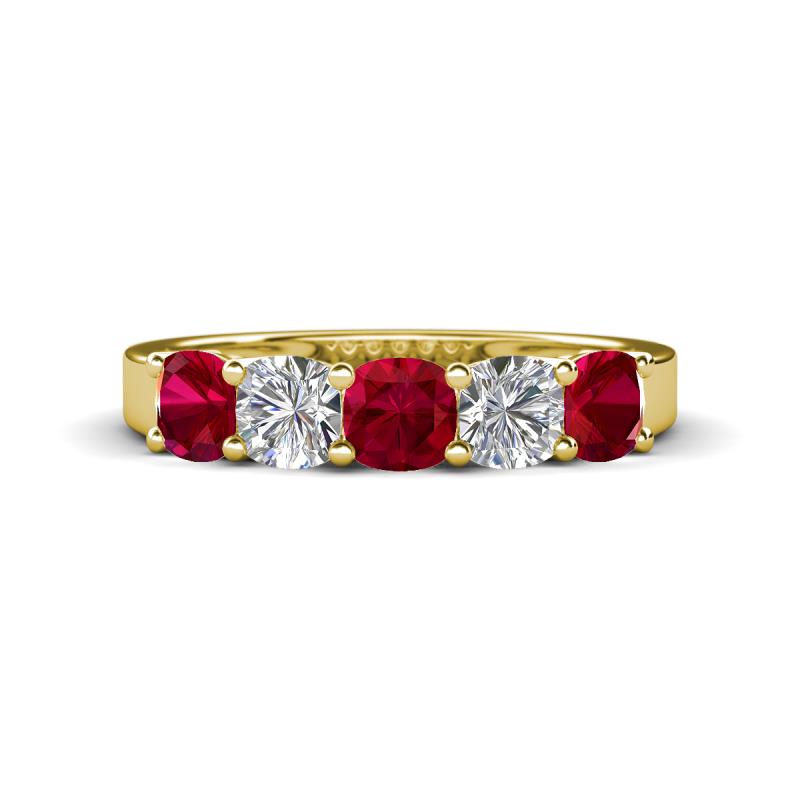 Wendy 2.06 ctw (4.00 mm) Cushion Shape Lab Created Ruby and Lab Grown Diamond Side Gallery 5 Stone Wedding Band 