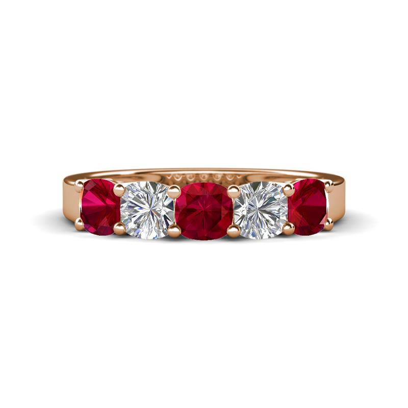 Wendy 2.06 ctw (4.00 mm) Cushion Shape Lab Created Ruby and Lab Grown Diamond Side Gallery 5 Stone Wedding Band 