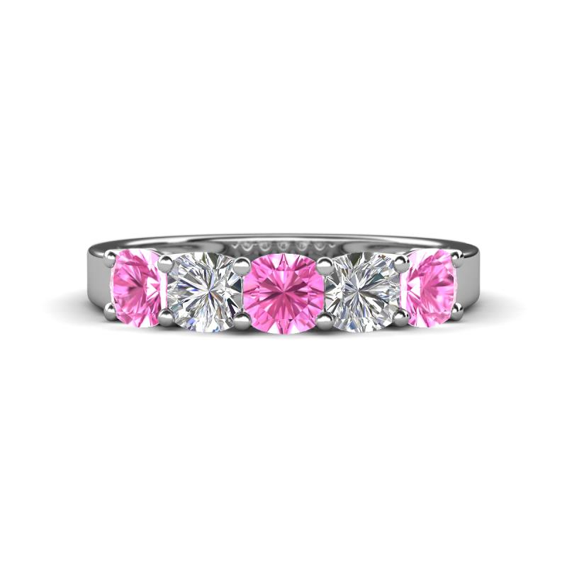 Wendy 2.06 ctw (4.00 mm) Cushion Shape Lab Created Pink Sapphire and Lab Grown Diamond Side Gallery 5 Stone Wedding Band 