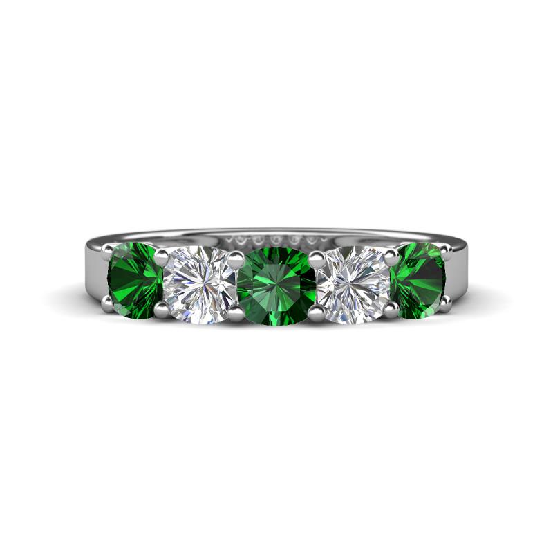 Wendy 1.64 ctw (4.00 mm) Cushion Shape Lab Created Emerald and Lab Grown Diamond Side Gallery 5 Stone Wedding Band 