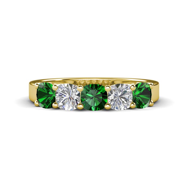 Wendy 1.64 ctw (4.00 mm) Cushion Shape Lab Created Emerald and Lab Grown Diamond Side Gallery 5 Stone Wedding Band 