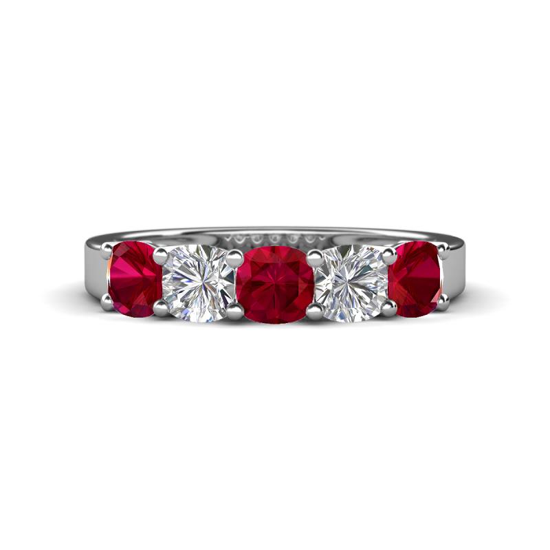 Wendy 2.06 ctw (4.00 mm) Cushion Shape Lab Created Ruby and Lab Grown Diamond Side Gallery 5 Stone Wedding Band 