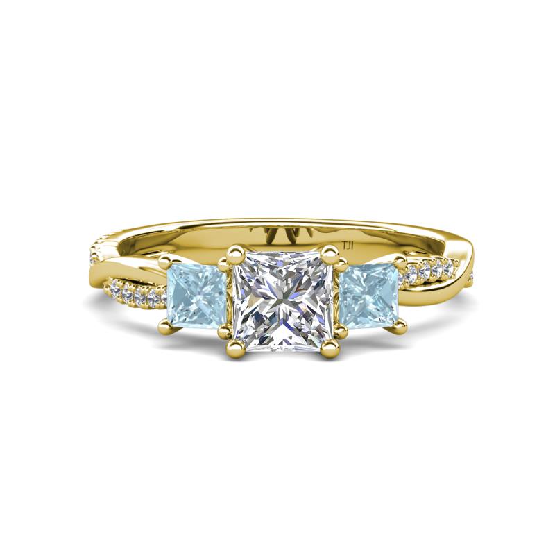 Michele 1.52 ctw (5.50 mm) 3 Stone Princess Cut Lab Grown Diamond and Aquamarine Twisted Vine Engagement Ring 