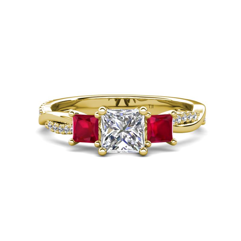 Michele 1.52 ctw (5.50 mm) 3 Stone Princess Cut Lab Grown Diamond and Ruby Twisted Vine Engagement Ring 