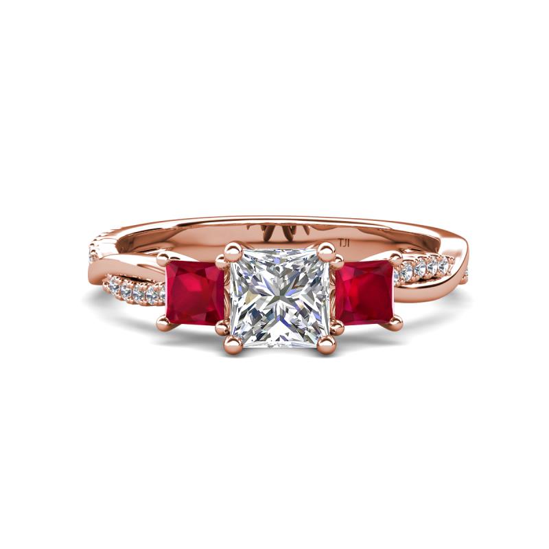 Michele 1.52 ctw (5.50 mm) 3 Stone Princess Cut Lab Grown Diamond and Ruby Twisted Vine Engagement Ring 