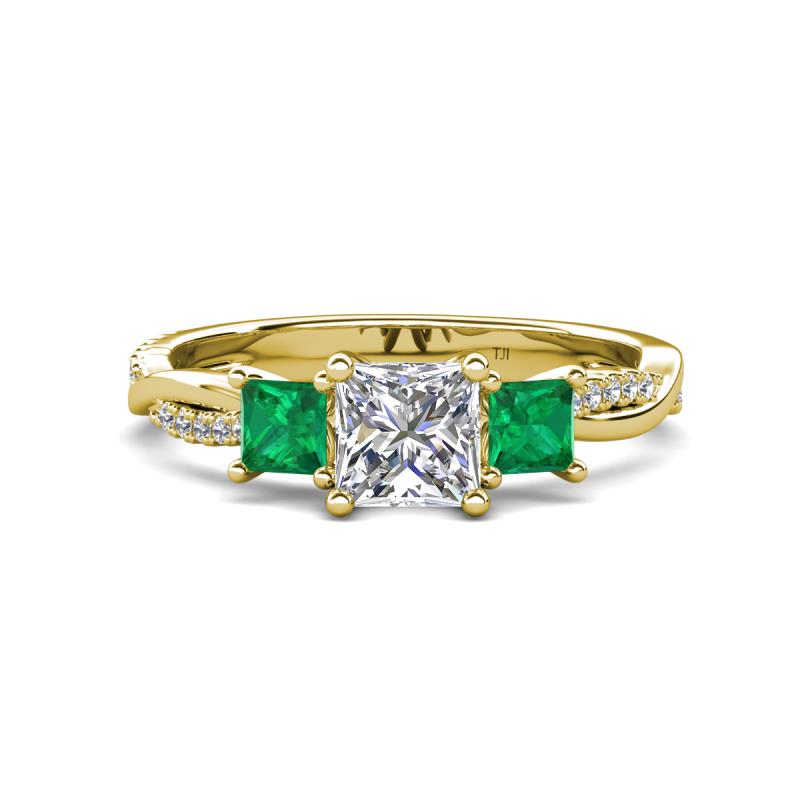 Michele 1.52 ctw (5.50 mm) 3 Stone Princess Cut Lab Grown Diamond and Emerald Twisted Vine Engagement Ring 