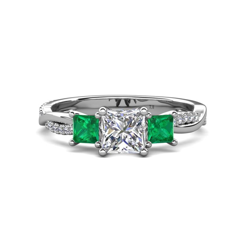 Michele 1.52 ctw (5.50 mm) 3 Stone Princess Cut Lab Grown Diamond and Emerald Twisted Vine Engagement Ring 