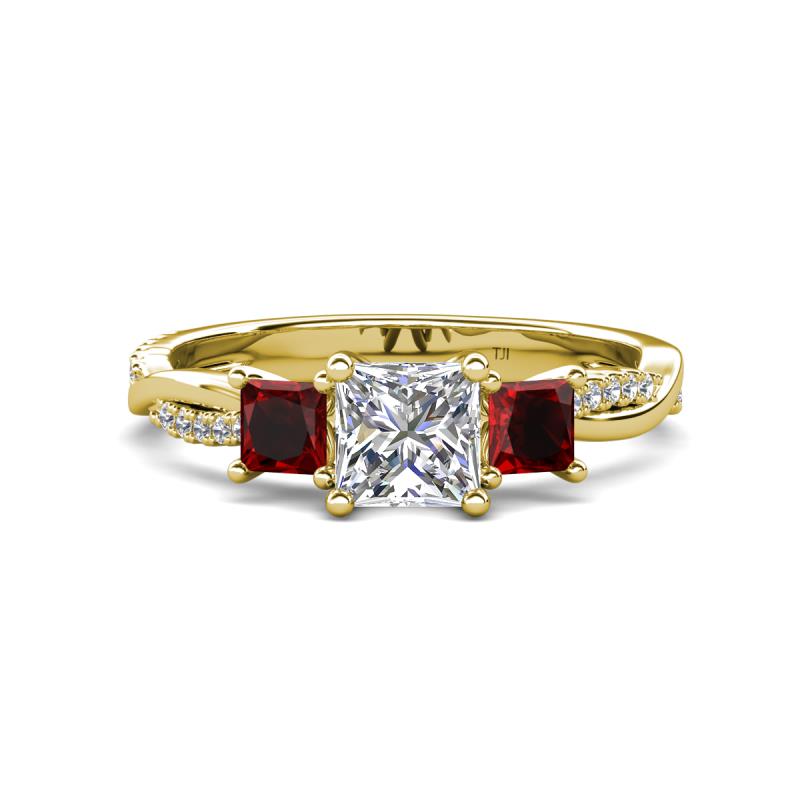 Michele 1.56 ctw (5.50 mm) 3 Stone Princess Cut Lab Grown Diamond and Red Garnet Twisted Vine Engagement Ring 