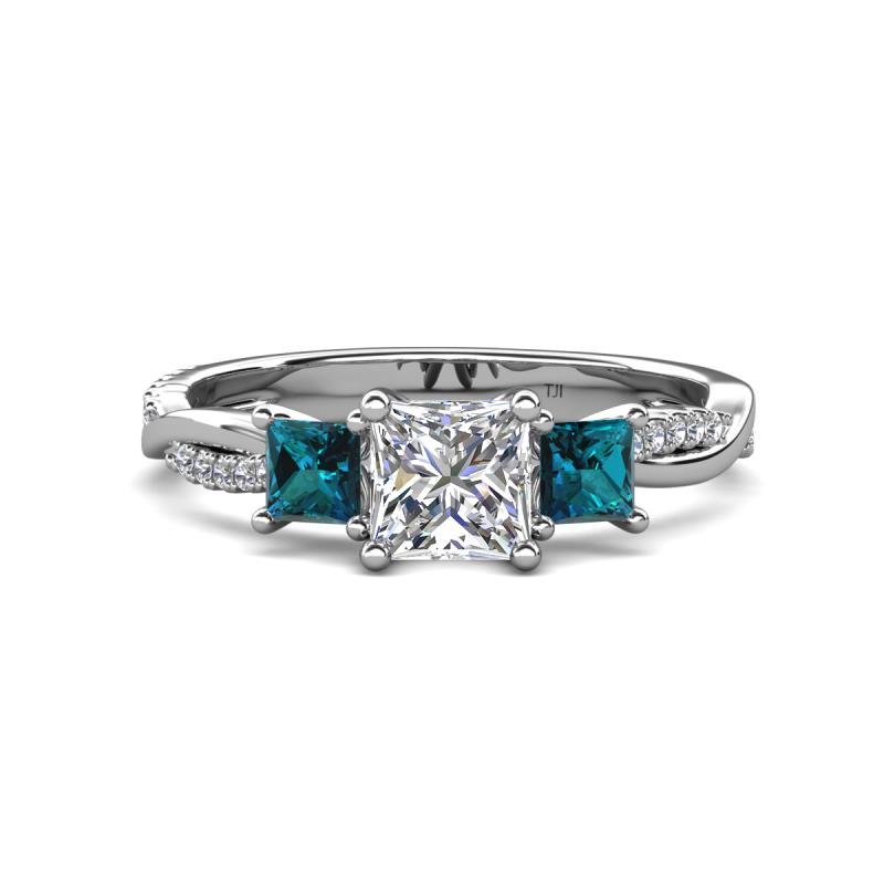 Michele 1.60 ctw (5.50 mm) 3 Stone Princess Cut Lab Grown Diamond and Blue Diamond Twisted Vine Engagement Ring 