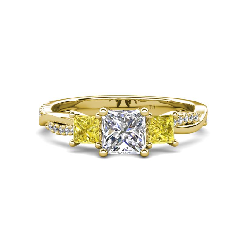 Michele 1.60 ctw (5.50 mm) 3 Stone Princess Cut Lab Grown Diamond and Yellow Diamond Twisted Vine Engagement Ring 