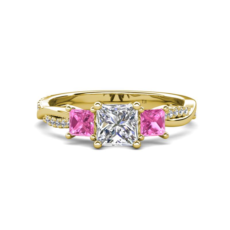 Michele 1.52 ctw (5.50 mm) 3 Stone Princess Cut Natural Diamond and Pink Sapphire Twisted Vine Engagement Ring 