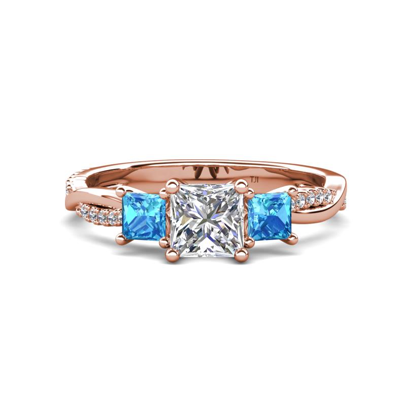 Michele 1.56 ctw (5.50 mm) 3 Stone Princess Cut Natural Diamond and Blue Topaz Twisted Vine Engagement Ring 