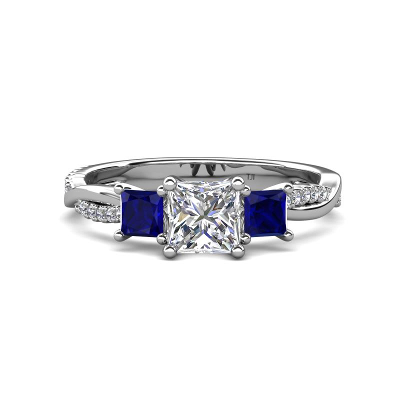 Michele 1.52 ctw (5.50 mm) 3 Stone Princess Cut Natural Diamond and Blue Sapphire Twisted Vine Engagement Ring 