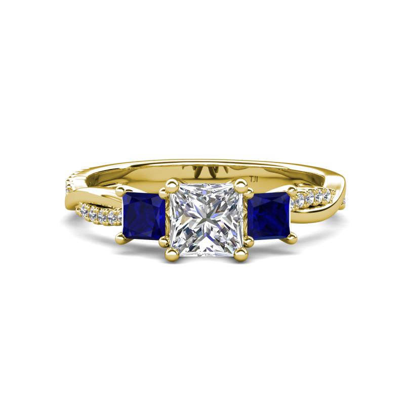 Michele 1.52 ctw (5.50 mm) 3 Stone Princess Cut Natural Diamond and Blue Sapphire Twisted Vine Engagement Ring 