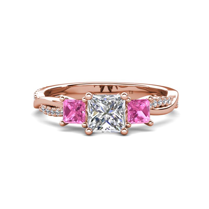 Michele 1.52 ctw (5.50 mm) 3 Stone Princess Cut Natural Diamond and Pink Sapphire Twisted Vine Engagement Ring 