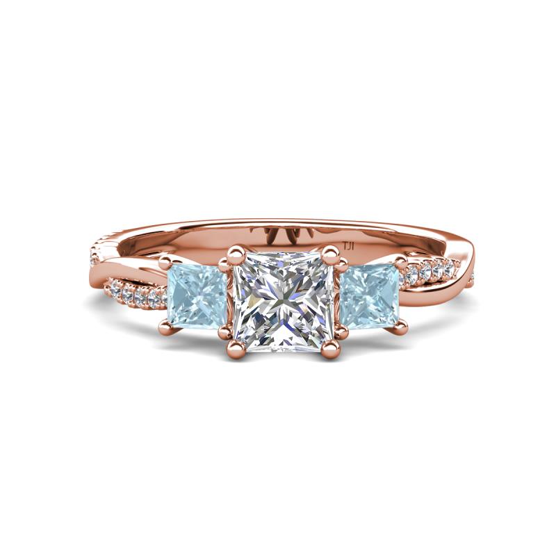 Michele 1.52 ctw (5.50 mm) 3 Stone Princess Cut Natural Diamond and Aquamarine Twisted Vine Engagement Ring 