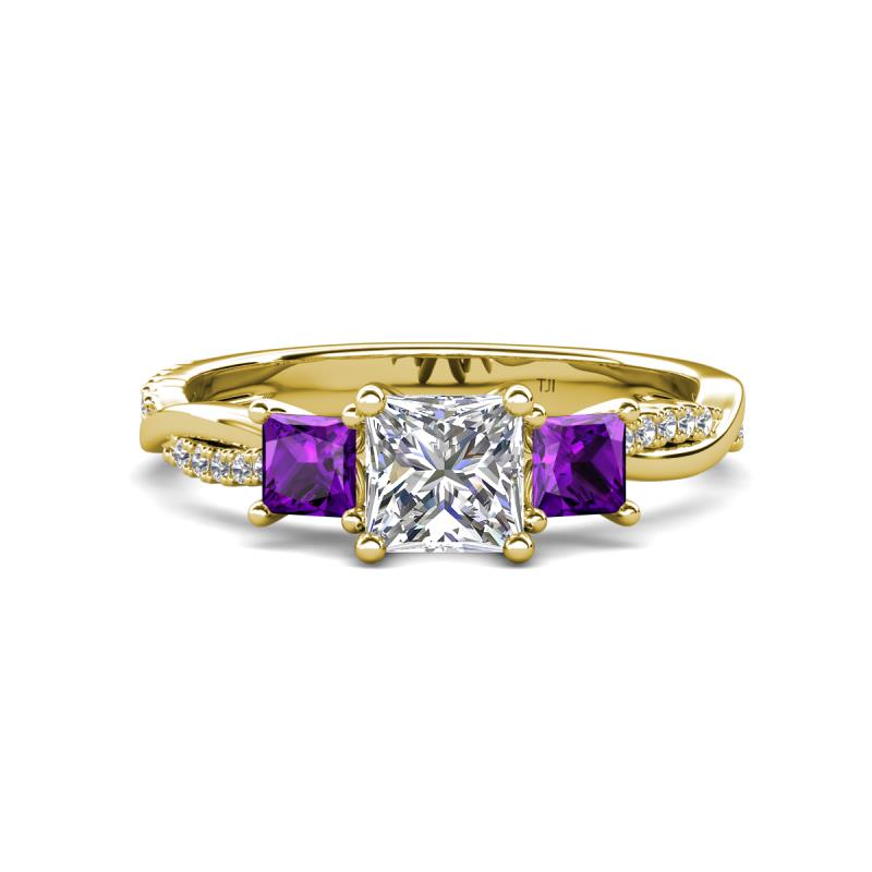 Michele 1.52 ctw (5.50 mm) 3 Stone Princess Cut Natural Diamond and Amethyst Twisted Vine Engagement Ring 