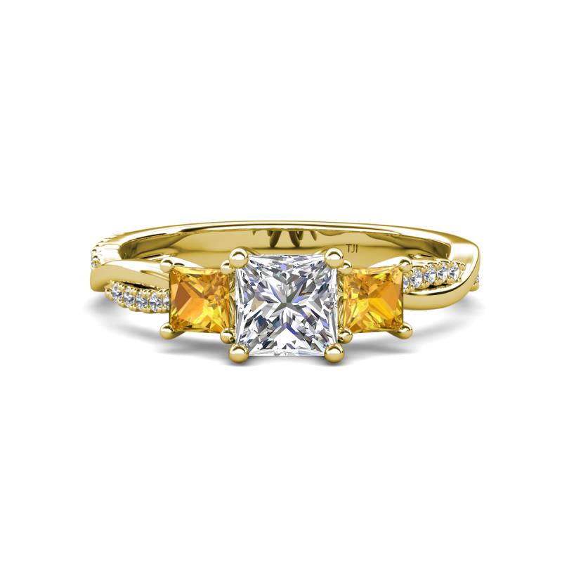 Michele 1.52 ctw (5.50 mm) 3 Stone Princess Cut Natural Diamond and Citrine Twisted Vine Engagement Ring 