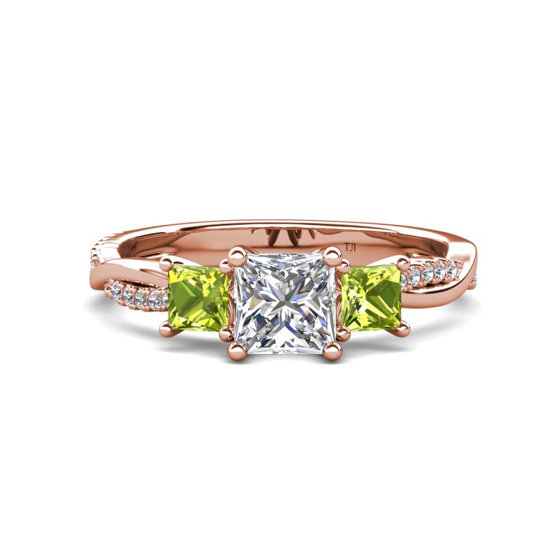 Michele 1.56 ctw (5.50 mm) 3 Stone Princess Cut Natural Diamond and Peridot Twisted Vine Engagement Ring 