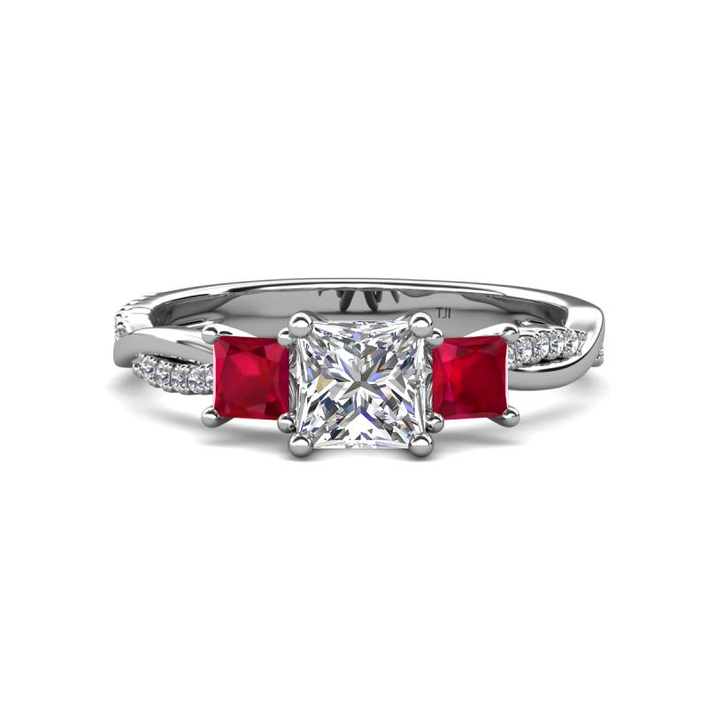 Michele 1.52 ctw (5.50 mm) 3 Stone Princess Cut Natural Diamond and Ruby Twisted Vine Engagement Ring 
