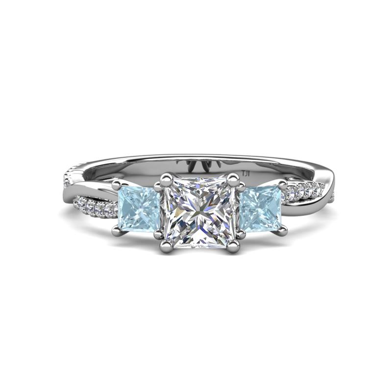 Michele 1.52 ctw (5.50 mm) 3 Stone Princess Cut Natural Diamond and Aquamarine Twisted Vine Engagement Ring 