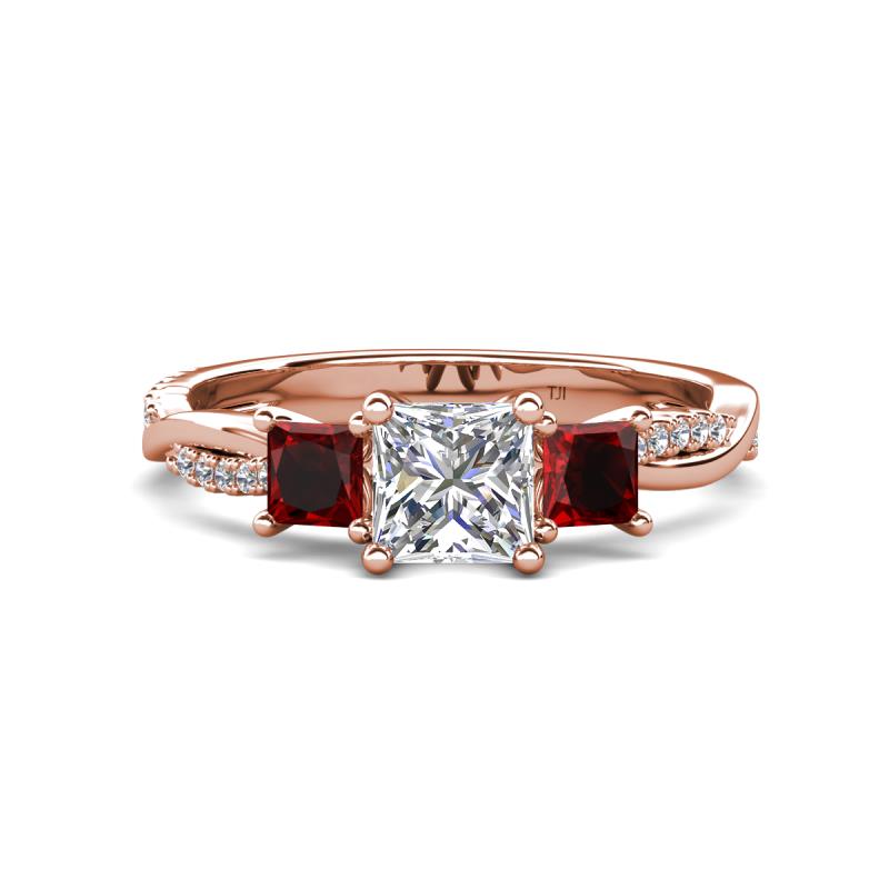 Michele 1.56 ctw (5.50 mm) 3 Stone Princess Cut Natural Diamond and Red Garnet Twisted Vine Engagement Ring 
