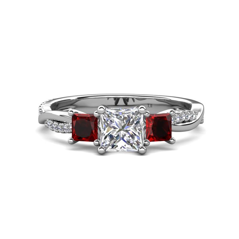 Michele 1.56 ctw (5.50 mm) 3 Stone Princess Cut Natural Diamond and Red Garnet Twisted Vine Engagement Ring 