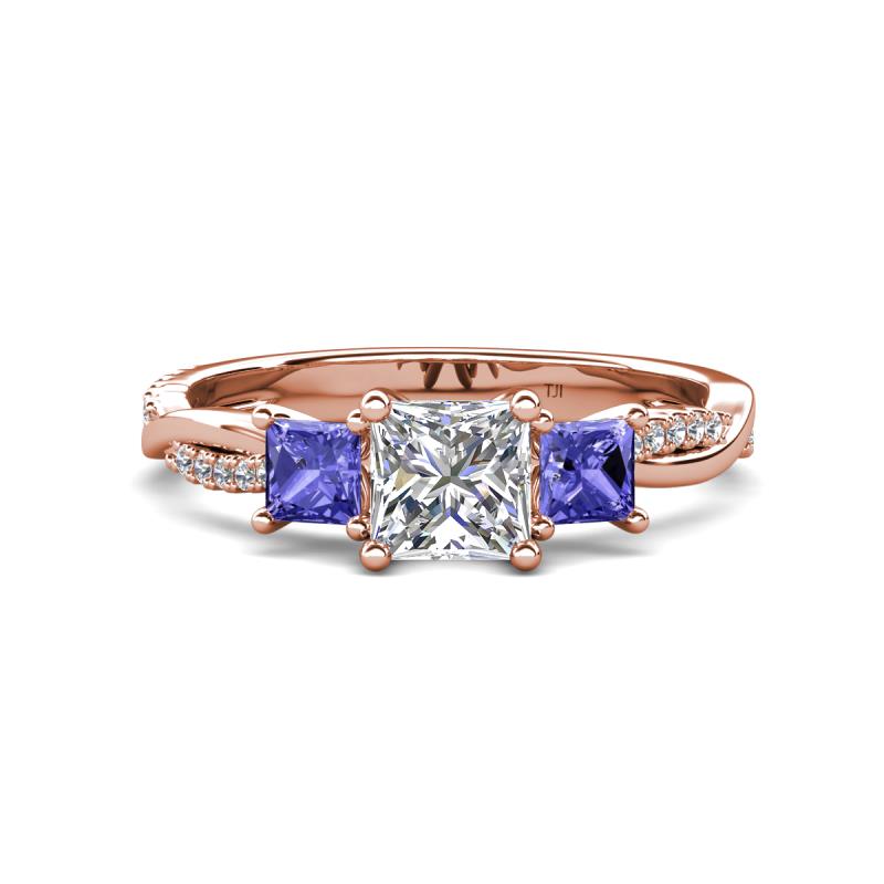 Michele 1.56 ctw (5.50 mm) 3 Stone Princess Cut Natural Diamond and Tanzanite Twisted Vine Engagement Ring 