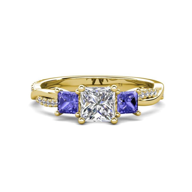 Michele 1.56 ctw (5.50 mm) 3 Stone Princess Cut Natural Diamond and Tanzanite Twisted Vine Engagement Ring 