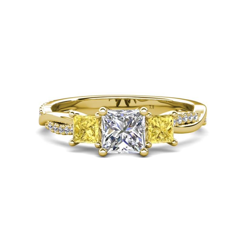 Michele 1.52 ctw (5.50 mm) 3 Stone Princess Cut Natural Diamond and Yellow Sapphire Twisted Vine Engagement Ring 