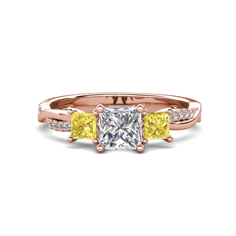 Michele 1.52 ctw (5.50 mm) 3 Stone Princess Cut Natural Diamond and Yellow Sapphire Twisted Vine Engagement Ring 