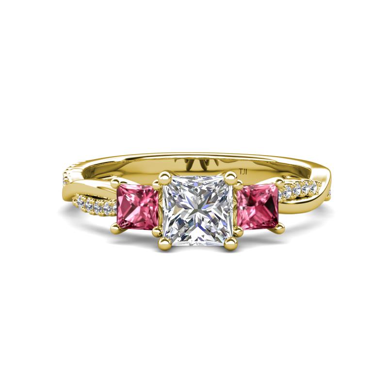 Michele 1.52 ctw (5.50 mm) 3 Stone Princess Cut Natural Diamond and Pink Tourmaline Twisted Vine Engagement Ring 