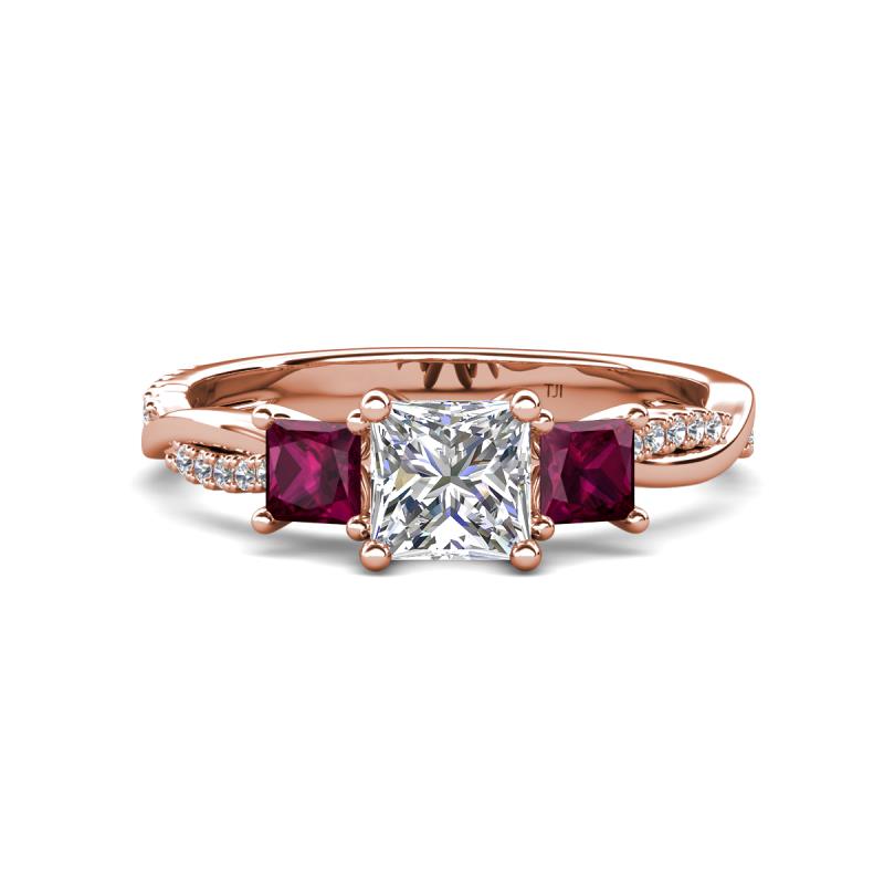 Michele 1.56 ctw (5.50 mm) 3 Stone Princess Cut Natural Diamond and Rhodolite Garnet Twisted Vine Engagement Ring 