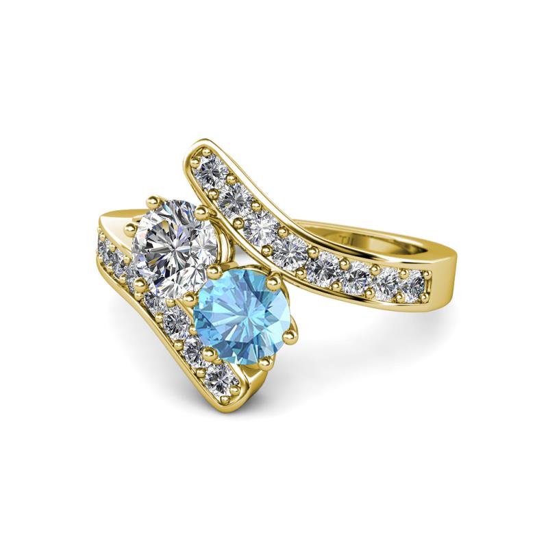 Eleni 2.25 ctw (5.80 mm) Lab Grown Diamond and Blue Topaz with Side Natural Diamond Bypass Ring 