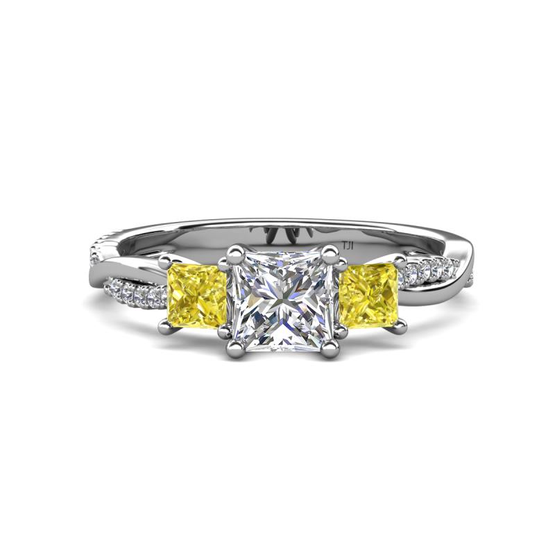 Michele 1.60 ctw (5.50 mm) 3 Stone Princess Cut Lab Grown Diamond and Yellow Diamond Twisted Vine Engagement Ring 
