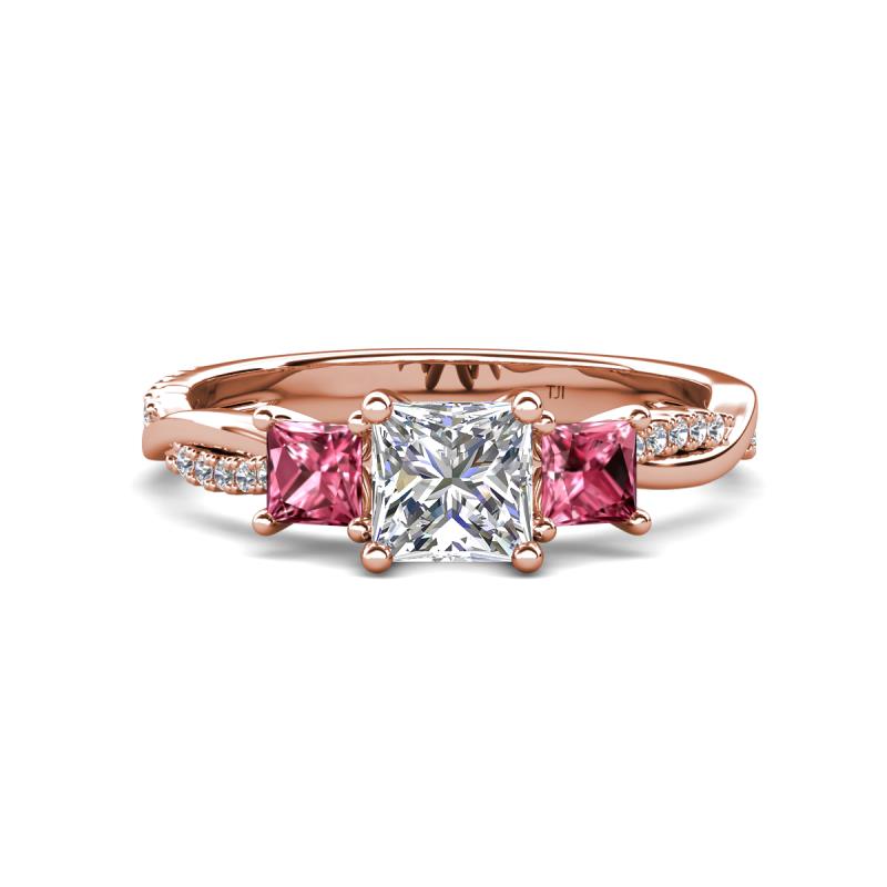 Michele 1.52 ctw (5.50 mm) 3 Stone Princess Cut Lab Grown Diamond and Pink Tourmaline Twisted Vine Engagement Ring 