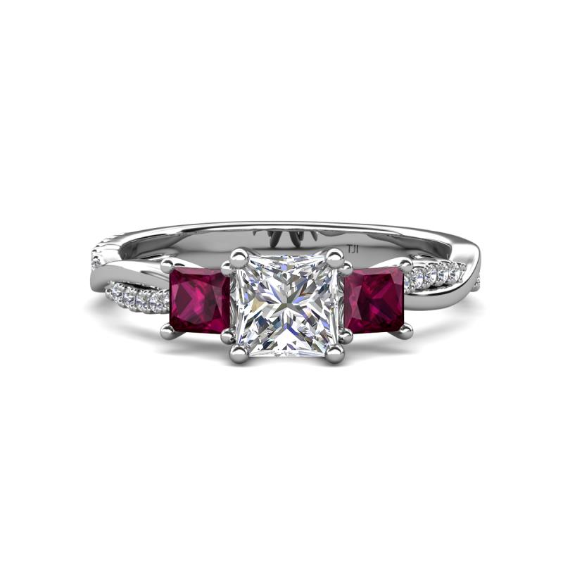 Michele 1.56 ctw (5.50 mm) 3 Stone Princess Cut Lab Grown Diamond and Rhodolite Garnet Twisted Vine Engagement Ring 