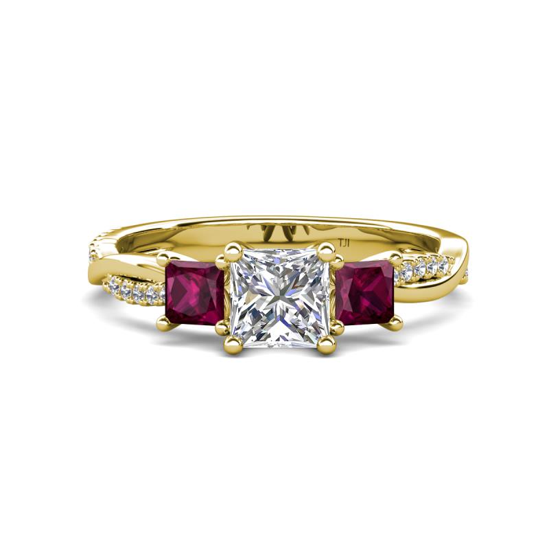 Michele 1.56 ctw (5.50 mm) 3 Stone Princess Cut Lab Grown Diamond and Rhodolite Garnet Twisted Vine Engagement Ring 