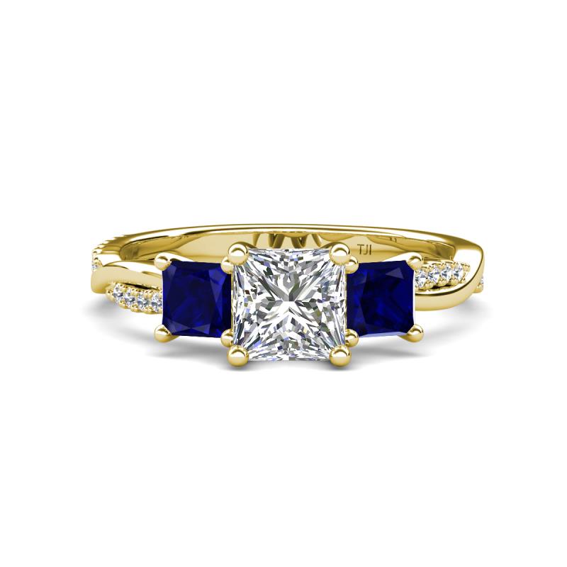 Michele 2.14 ctw (6.50 mm) GIA Certified 3 Stone Princess Cut Natural Diamond (SI/G) and Blue Sapphire Twisted Vine Engagement Ring 