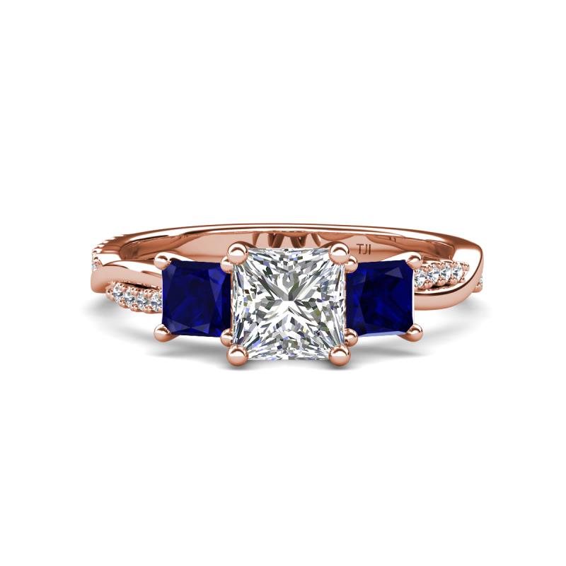 Michele 2.14 ctw (6.50 mm) GIA Certified 3 Stone Princess Cut Natural Diamond (SI/G) and Blue Sapphire Twisted Vine Engagement Ring 