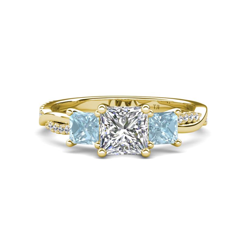 Michele 2.14 ctw (6.50 mm) GIA Certified 3 Stone Princess Cut Natural Diamond (SI/G) and Aquamarine Twisted Vine Engagement Ring 