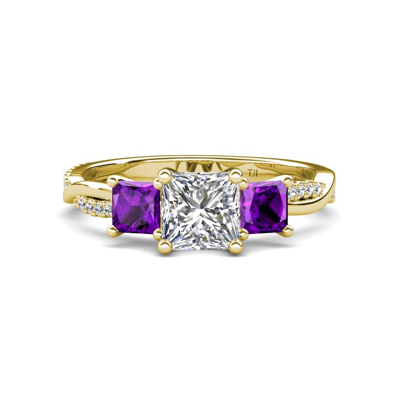 Michele 2.14 ctw (6.50 mm) GIA Certified 3 Stone Princess Cut Natural Diamond (SI/G) and Amethyst Twisted Vine Engagement Ring 