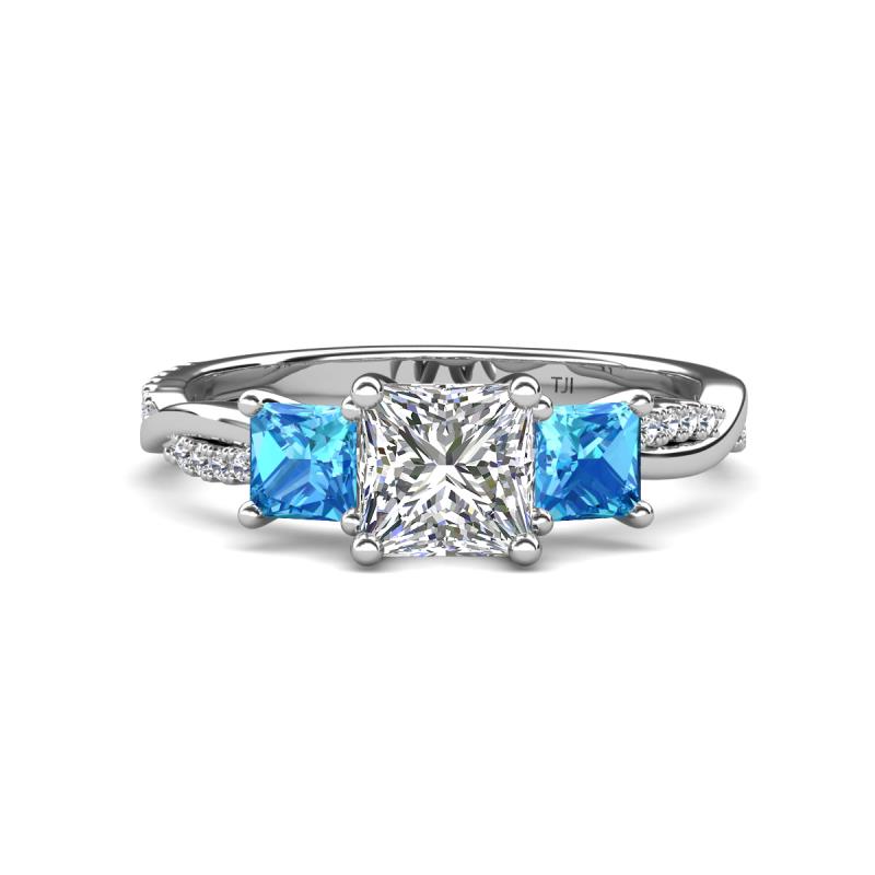 Michele 2.20 ctw (6.50 mm) GIA Certified 3 Stone Princess Cut Natural Diamond (SI/G) and Blue Topaz Twisted Vine Engagement Ring 