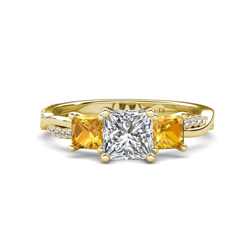 Michele 2.14 ctw (6.50 mm) GIA Certified 3 Stone Princess Cut Natural Diamond (SI/G) and Citrine Twisted Vine Engagement Ring 