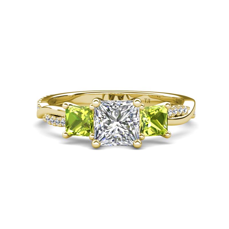 Michele 2.20 ctw (6.50 mm) GIA Certified 3 Stone Princess Cut Natural Diamond (SI/G) and Peridot Twisted Vine Engagement Ring 