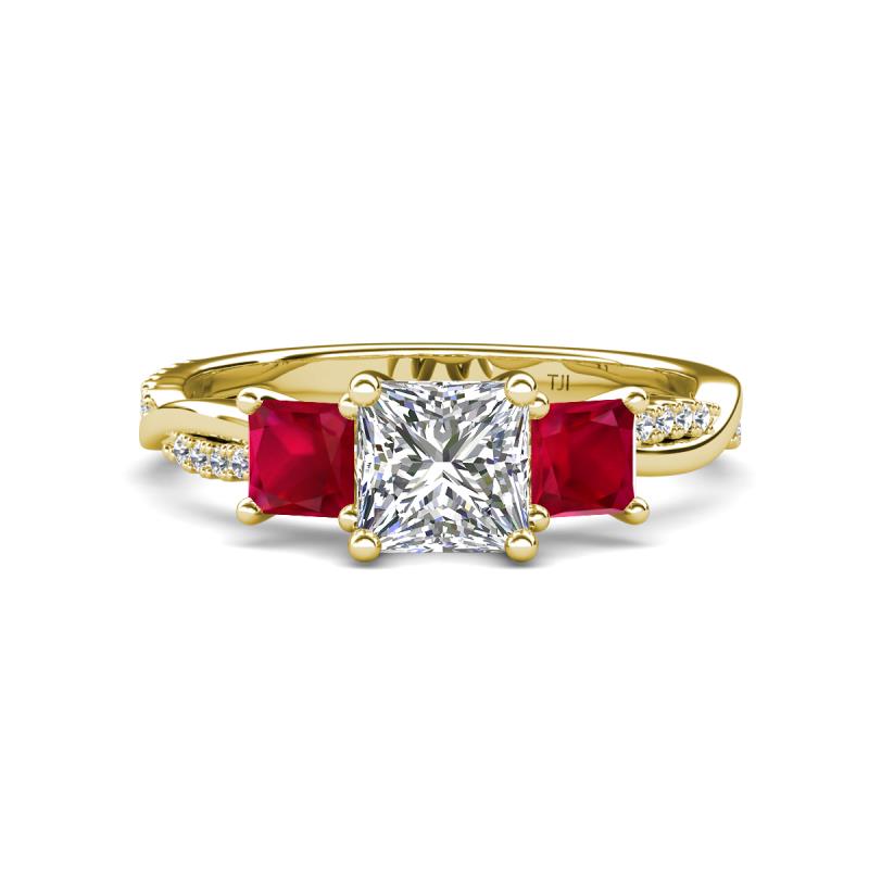 Michele 2.14 ctw (6.50 mm) GIA Certified 3 Stone Princess Cut Natural Diamond (SI/G) and Ruby Twisted Vine Engagement Ring 