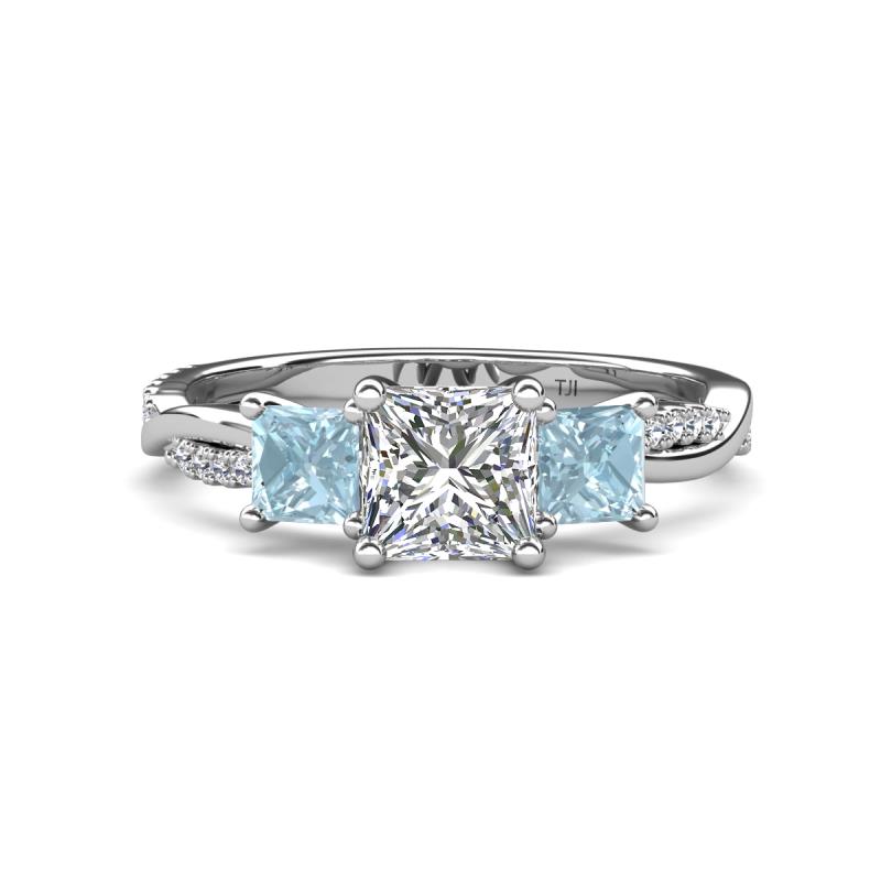 Michele 2.14 ctw (6.50 mm) GIA Certified 3 Stone Princess Cut Natural Diamond (SI/G) and Aquamarine Twisted Vine Engagement Ring 