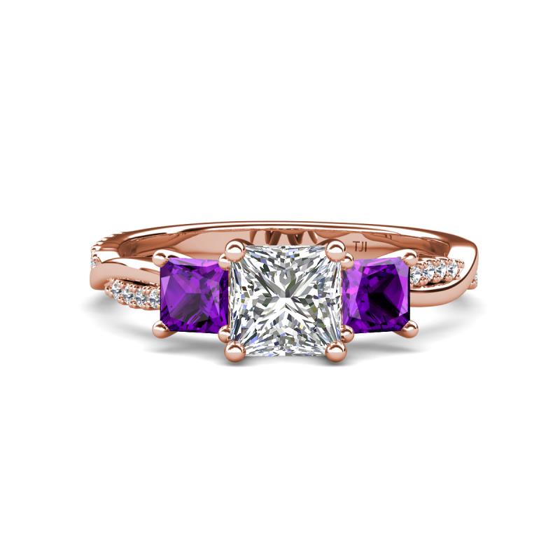 Michele 2.14 ctw (6.50 mm) GIA Certified 3 Stone Princess Cut Natural Diamond (SI/G) and Amethyst Twisted Vine Engagement Ring 