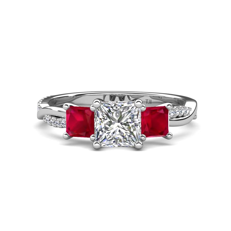 Michele 2.14 ctw (6.50 mm) GIA Certified 3 Stone Princess Cut Natural Diamond (SI/G) and Ruby Twisted Vine Engagement Ring 